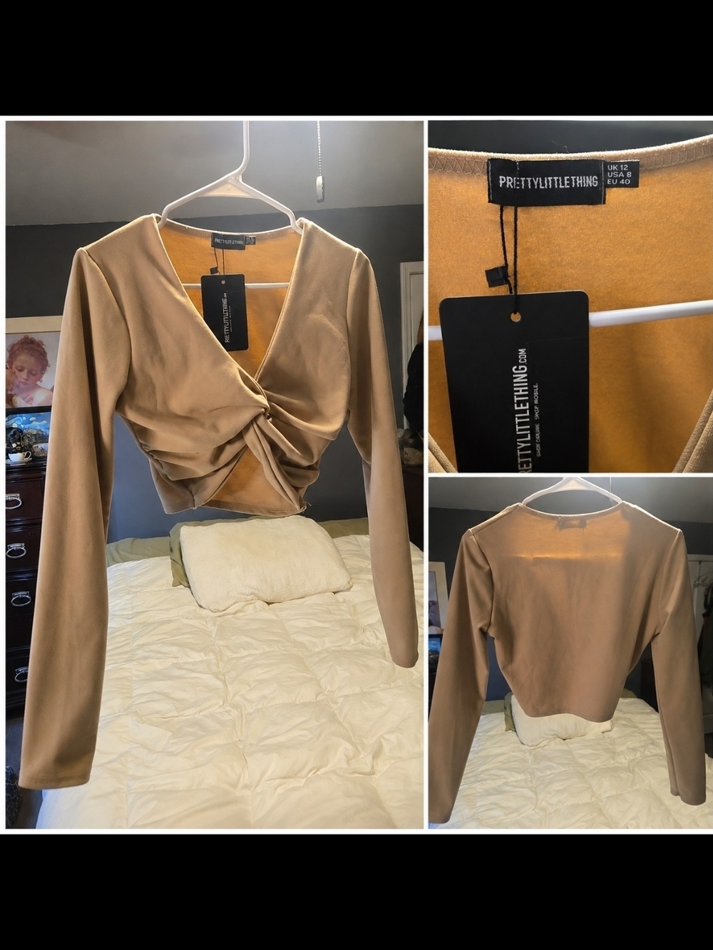 PrettyLittleThing Camel Twist-Front Long Sleeve Crop Top